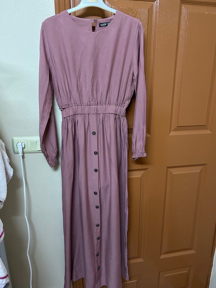 Düğmeli Uzun Kol Pembe elbise - Görsel 2