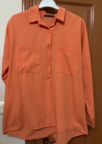 Turuncu Keten Düğmeli Salaş Kadın Gömlek - Görsel 2