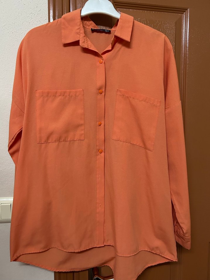 Turuncu Keten Düğmeli Salaş Kadın Gömlek - Görsel 2