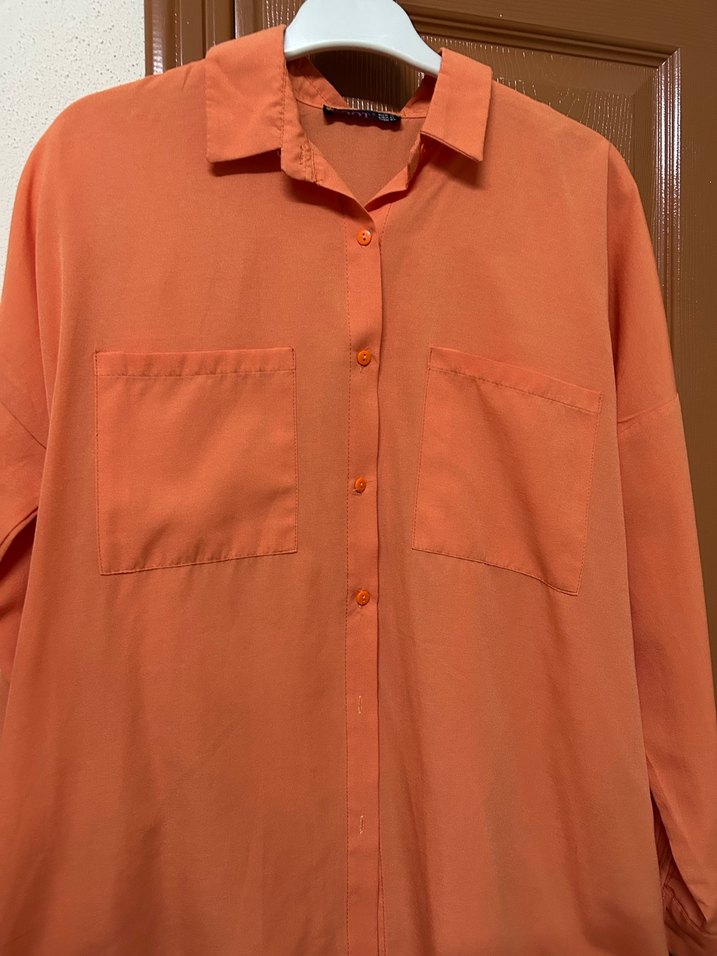 Turuncu Keten Düğmeli Salaş Kadın Gömlek - Görsel 3