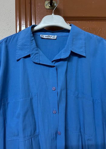 Mavi Keten Kadın Gömlek, Düğmeli, Salaş Kesim - Görsel 3