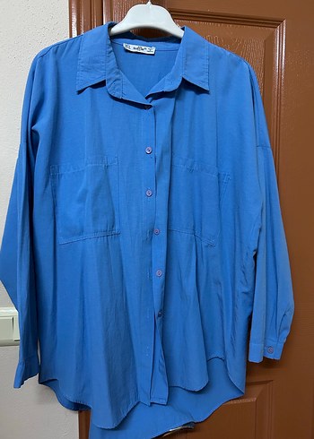 Mavi Keten Kadın Gömlek, Düğmeli, Salaş Kesim - Görsel 2