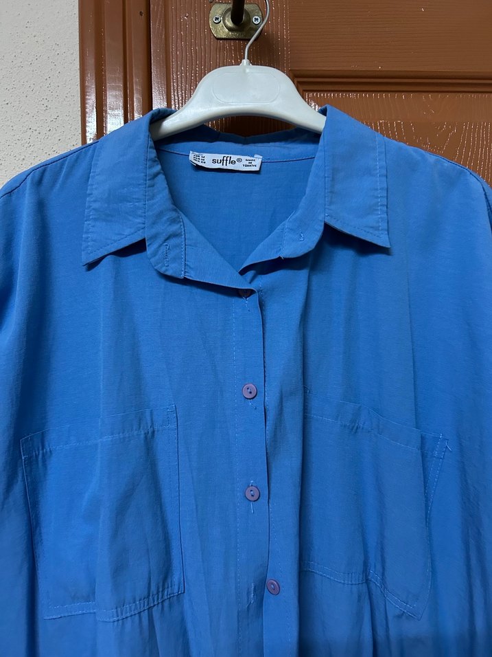 Mavi Keten Kadın Gömlek, Düğmeli, Salaş Kesim - Görsel 3