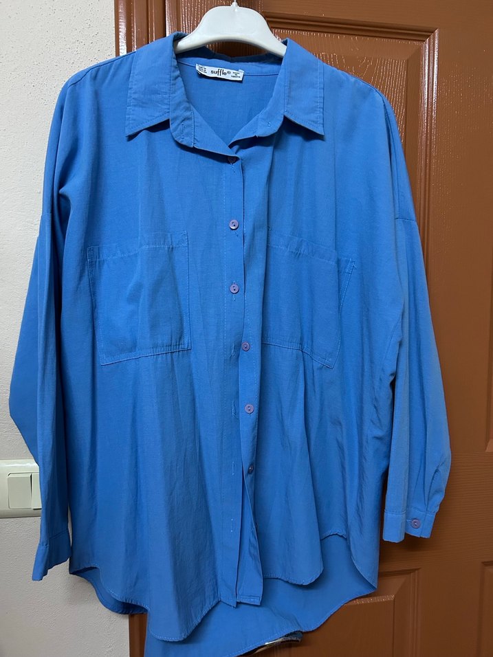 Mavi Keten Kadın Gömlek, Düğmeli, Salaş Kesim - Görsel 2