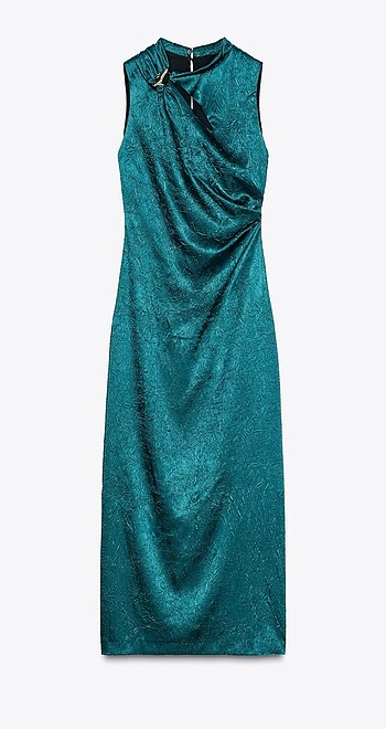 zara yeşil saten midi elbise