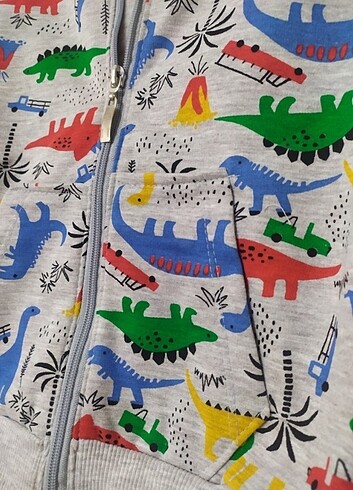 5 Yaş Beden Dinozor Desenli Erkek Çocuk Kapüşonlu Fermuarlı Ceket 