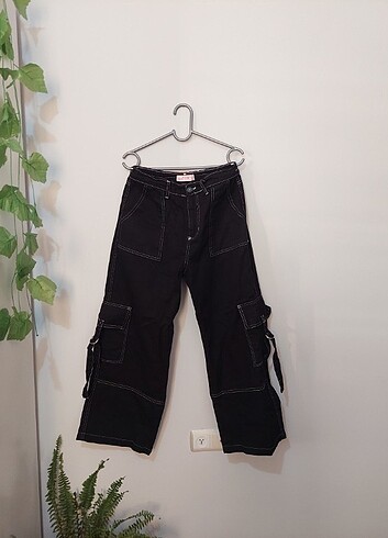 31 Beden siyah Renk Beyaz Dikişli Yuvarlak Körüklü Kargo Jeans