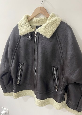l Beden kahverengi Renk Pull&Bear Kürk Detaylı Kahverengi Deri Kadın Ceket