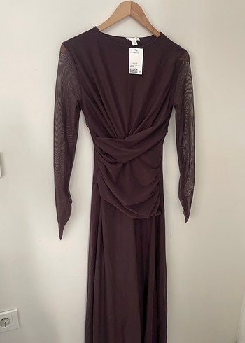 s Beden kahverengi Renk H&M Kahverengi Drapeli Uzun Kollu Elbise