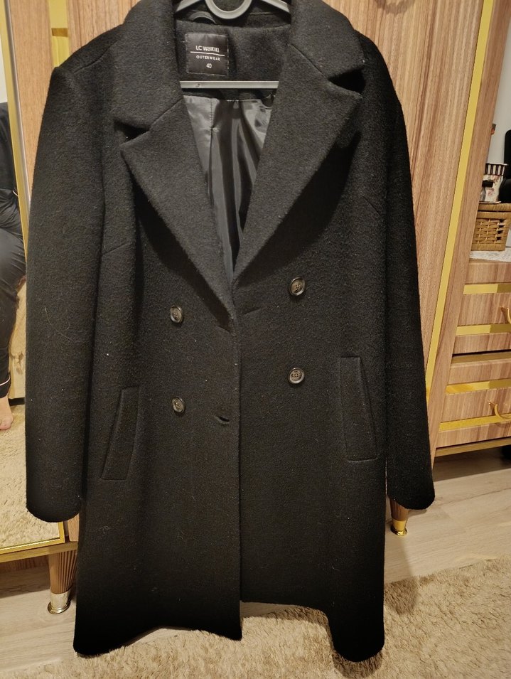 Siyah Çift Düğmeli Yün kaban - Görsel 2