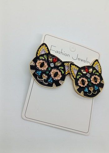 Renkli Nakışlı Mini Kedi Küpeler - Görsel 3