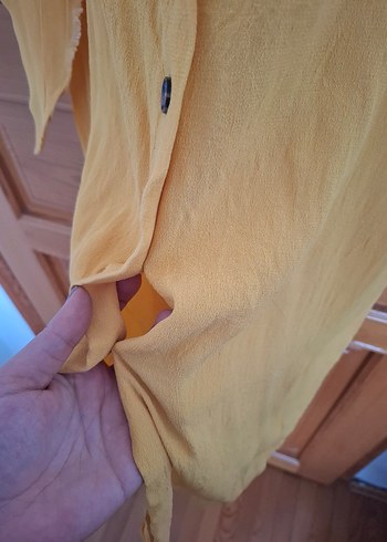 Sarı V Yakalı Düğmeli Uzun Keten Elbise - Görsel 5