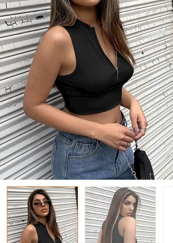 Fermuarlı Siyah V Yaka Crop Top