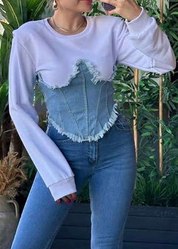 s Beden beyaz Renk Denim Detaylı Beyaz Kadın Sweatshirt