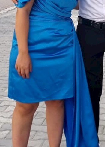 Mavi Straplez Midi Drapeli Kadın Elbise