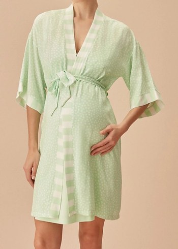 Uzun V Yakalı Yeşil Hamile Gecelik - Görsel 2