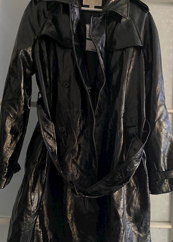 Yılan Desenli Siyah Deri Kemerli Trençkot - Görsel 3