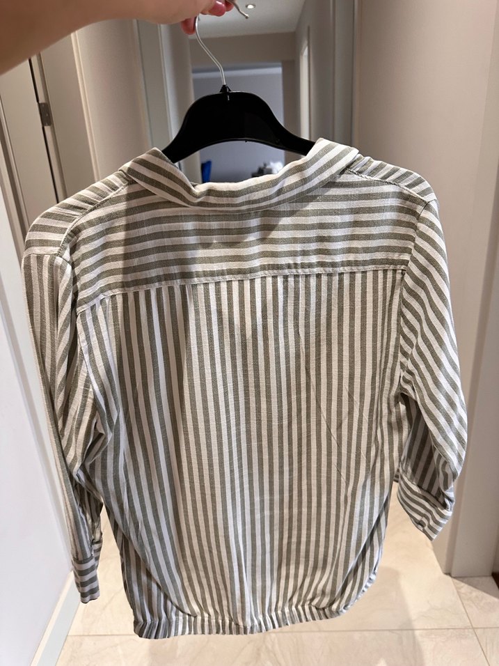 Gri Çizgili Keten Gömlek - Görsel 2