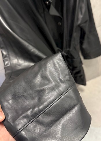 Kadın Siyah Deri Uzun Ceket - Görsel 3