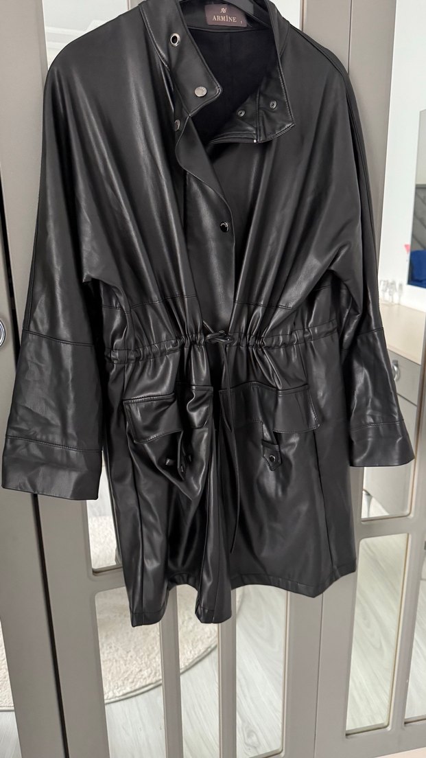 Kadın Siyah Deri Uzun Ceket - Görsel 5