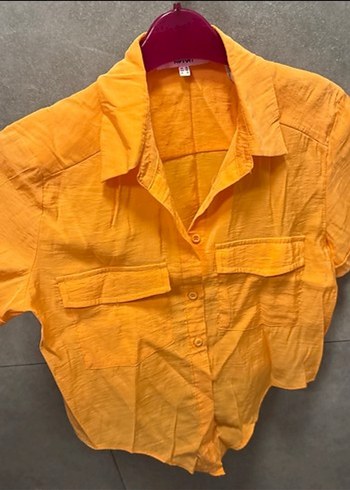 Sarı Kısa Kollu Keten Gömlek - Görsel 6
