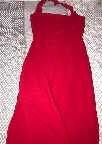 Kırmızı Straplez Midi Abiye Elbise - Görsel 3