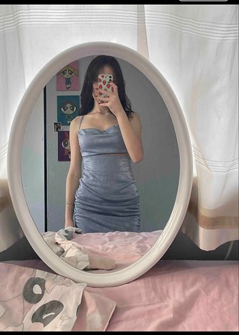 Askılı Drapeli Uzun Mavi Kadın Elbise - Görsel 4