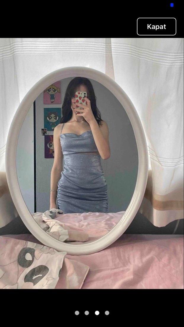 Askılı Drapeli Uzun Mavi Kadın Elbise - Görsel 4