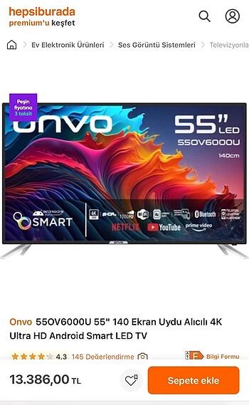 Onvo 144 ekran akıllı tv