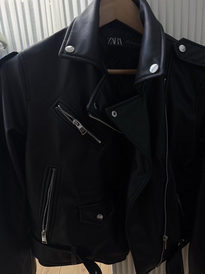 Kadın Siyah Deri Biker Ceket - Görsel 3