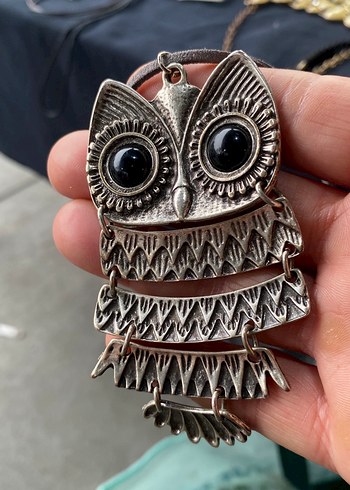 Bohem Gri Baykuş Desenli Midi Kolye - Görsel 2