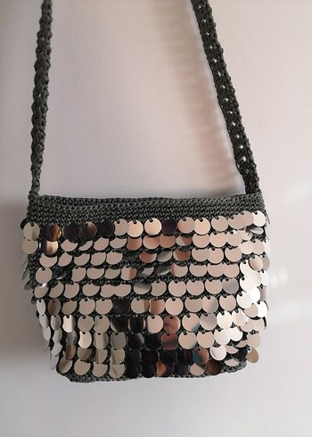 Gri Payet İşlemeli Örgü Kadın Çanta - Görsel 4