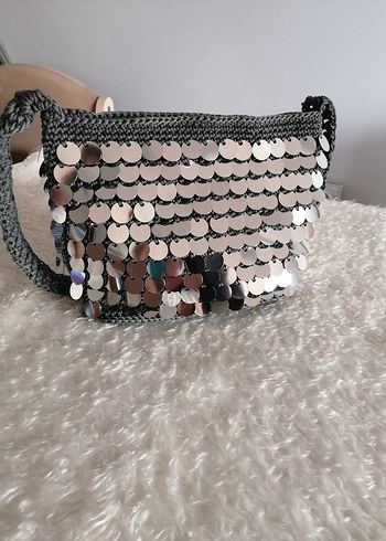 Gri Payet İşlemeli Örgü Kadın Çanta - Görsel 2