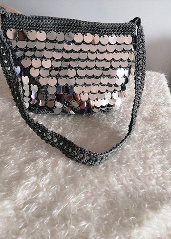 Gri Payet İşlemeli Örgü Kadın Çanta - Görsel 6