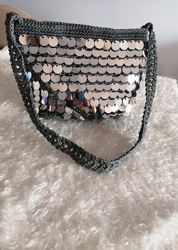 Gri Payet İşlemeli Örgü Kadın Çanta - Görsel 3