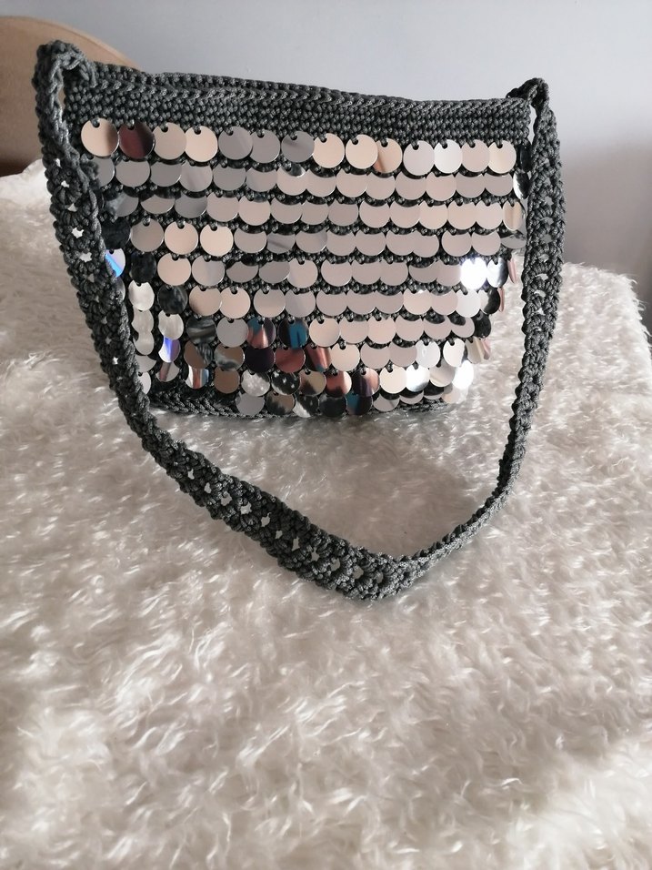 Gri Payet İşlemeli Örgü Kadın Çanta - Görsel 3