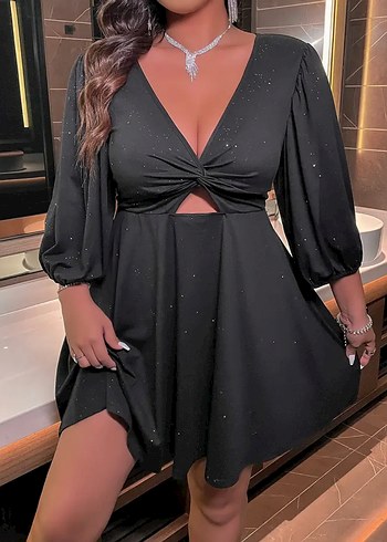 Sheinside Siyah Parlak Mini V Yakalı Gece Elbisesi