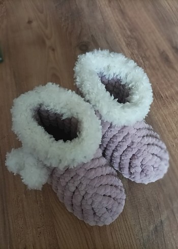 Pudra pembesi Örgü Kız Çocuk Sıcak Terlik - Görsel 4