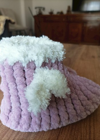 Pudra pembesi Örgü Kız Çocuk Sıcak Terlik - Görsel 2