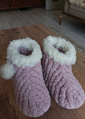 Pudra pembesi Örgü Kız Çocuk Sıcak Terlik - Görsel 3