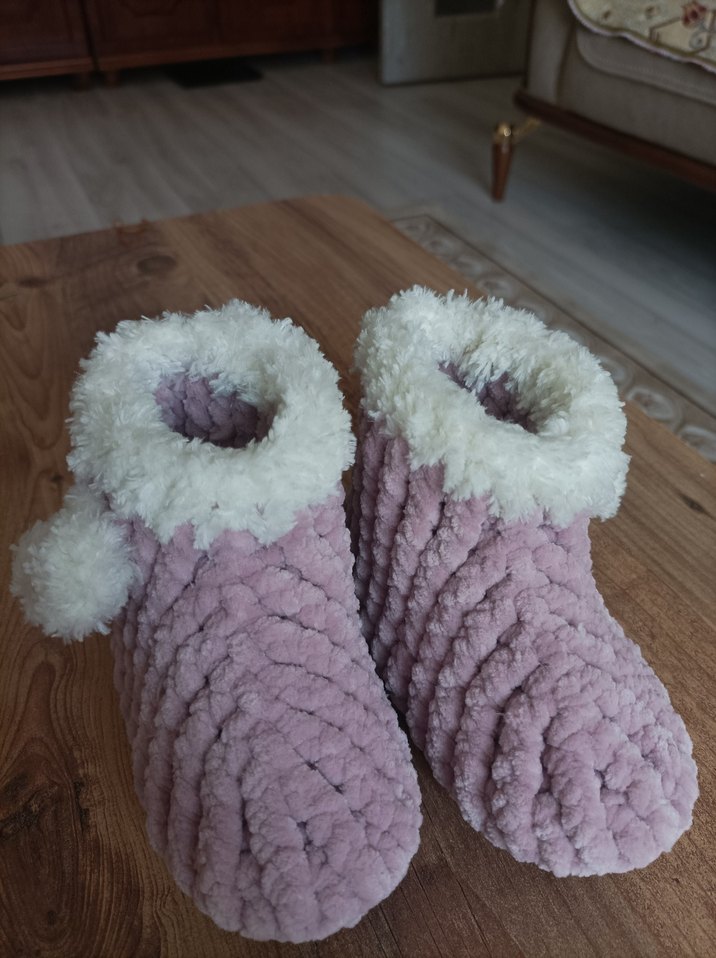 Pudra pembesi Örgü Kız Çocuk Sıcak Terlik - Görsel 3