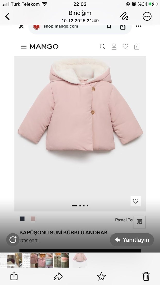 Mango Kız Çocuk Pembe Kapüşonlu Düğmeli Mont - Görsel 2