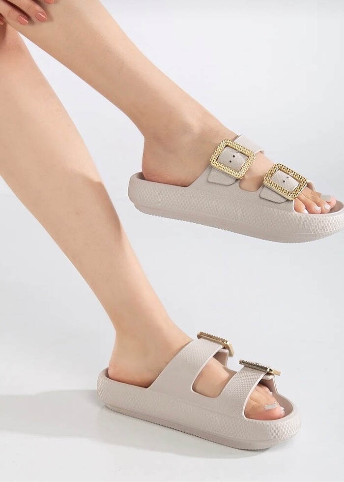 Kum rengi taş toka terlik - Görsel 2