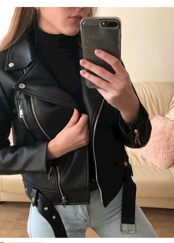 Kadın Siyah Deri Kısa Ceket - Görsel 2