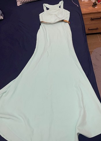 Mint yeşil Drapeli Uzun Straplez Kadın Abiye - Görsel 4