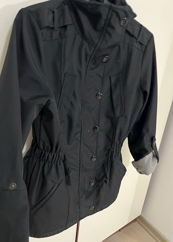 Düğmeli Siyah Kadın Trençkot Ceket - Görsel 5