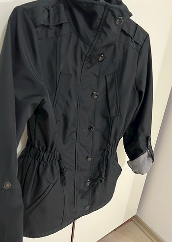Düğmeli Siyah Kadın Trençkot Ceket - Görsel 4