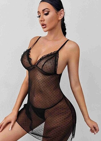 xl Beden Şık Noktalı Tüllü Gecelik Takım İç giyim Siyah - MS2201-Siyah