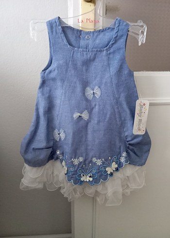 Kız Çocuk Mavi Nakışlı Denim Elbise
