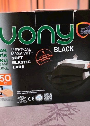 Siyah evony Cerrahi Maske, Yumuşak Elastik Kulaklı - Görsel 2